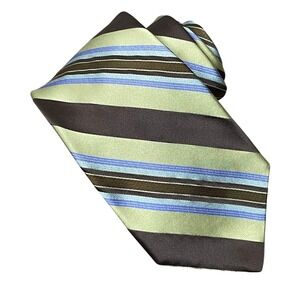 Ted Baker Men's Designer 100% Silk Necktie Pea‎ Green Brown Blue Stripes